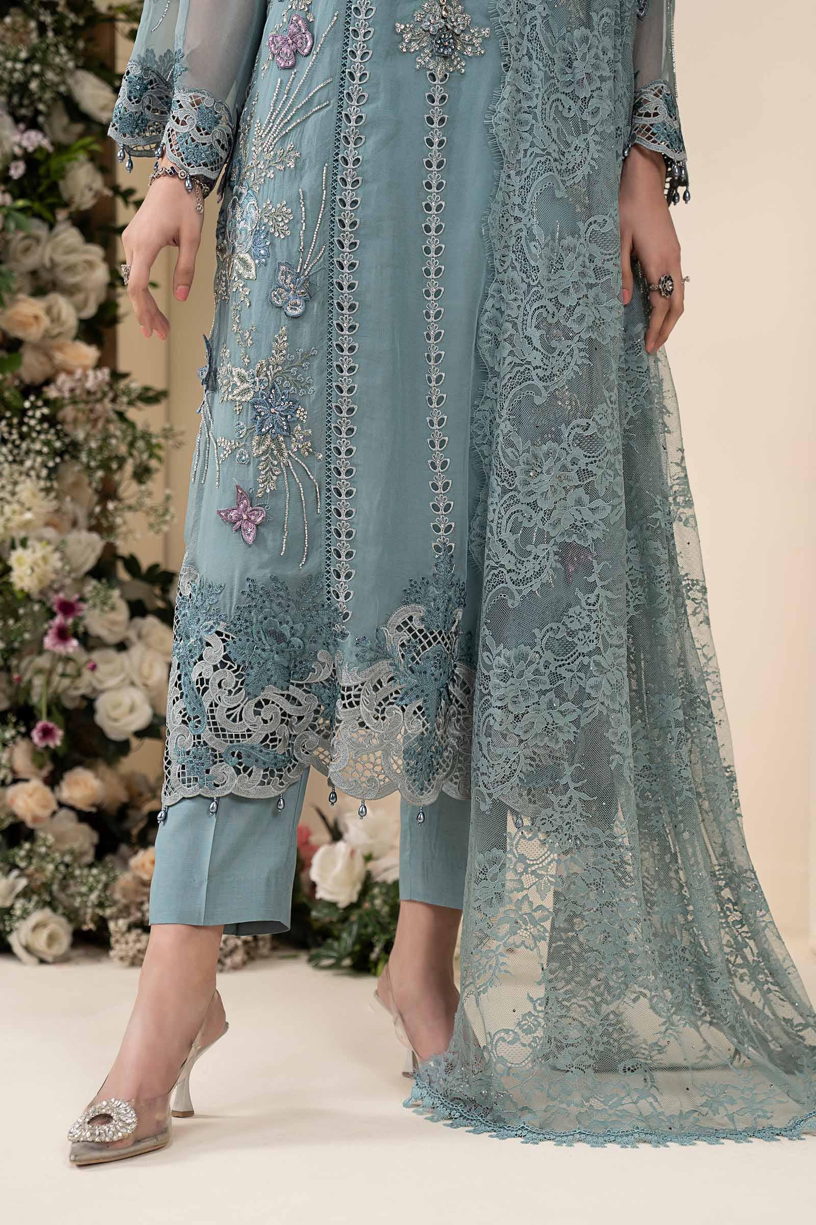3 Piece Embroidered Chiffon Suit aqua pakistani fashion outfit in…